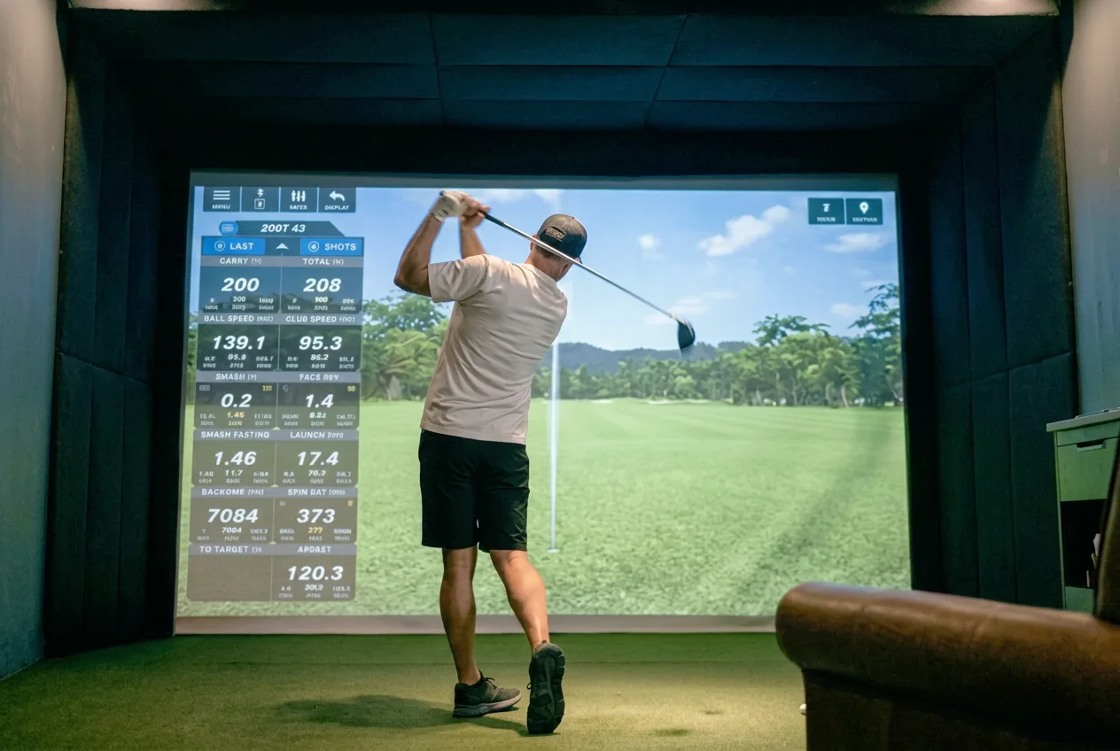 Adult golfer training on the Full Swing simulator at The Back Nine Cedar Park