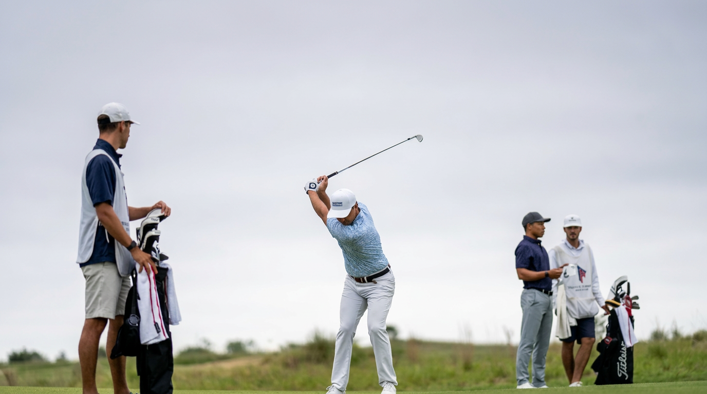 Two golfers training on a grass driving range at Beyond Golf Performance