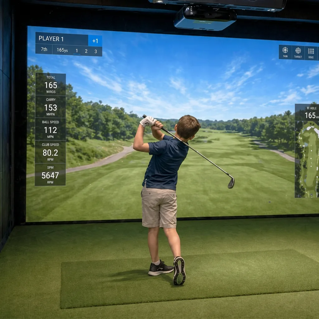 Junior golfer taking a swing on the simulator at The Back Nine Cedar Park