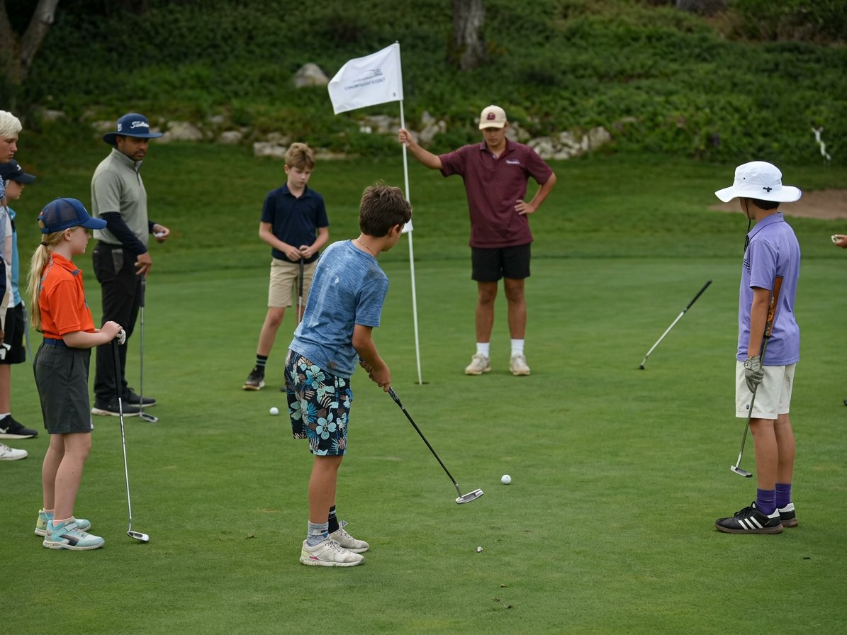 Coach guiding junior golfers on green-reading during camp