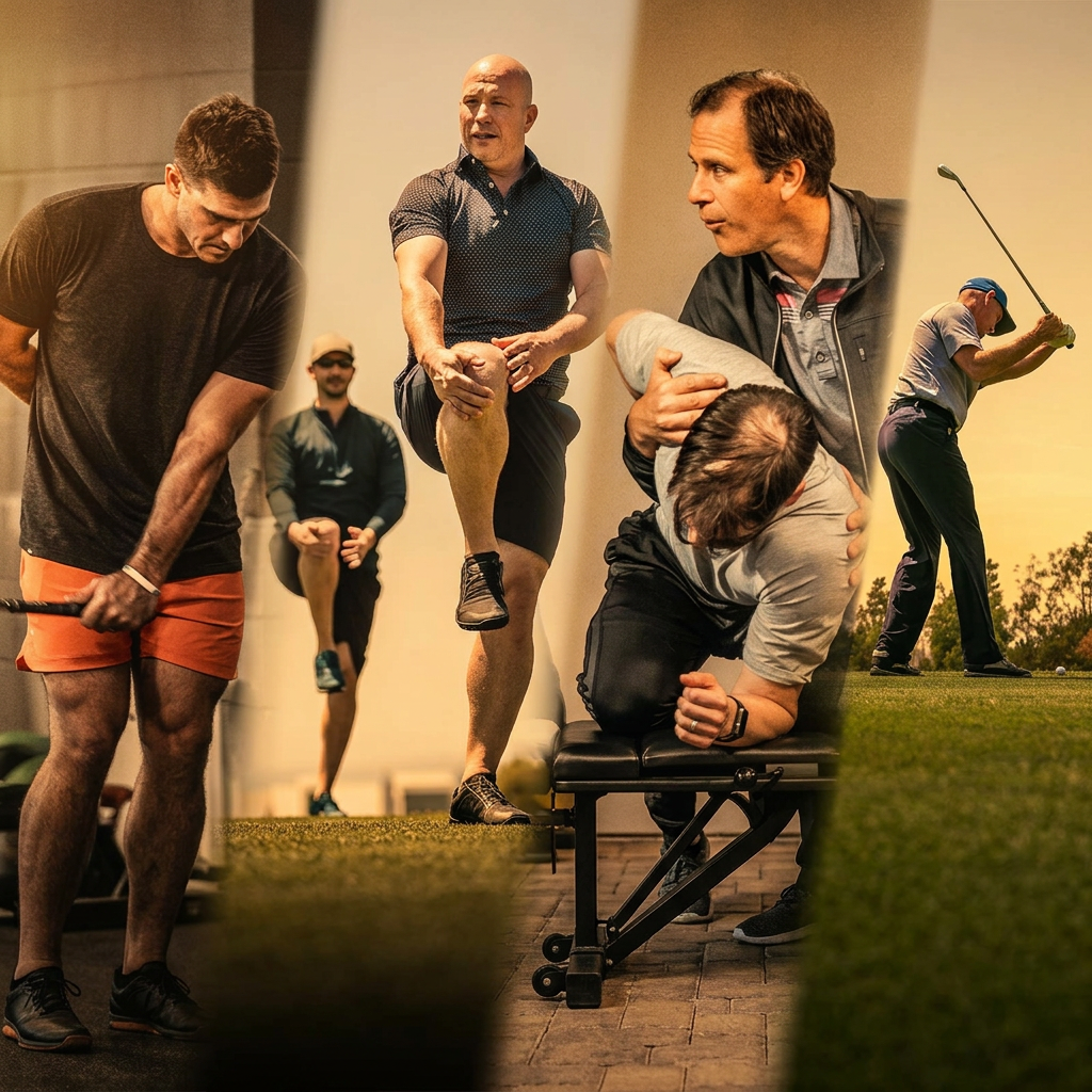 Golfer performing TPI mobility exercises with training equipment in the gym
