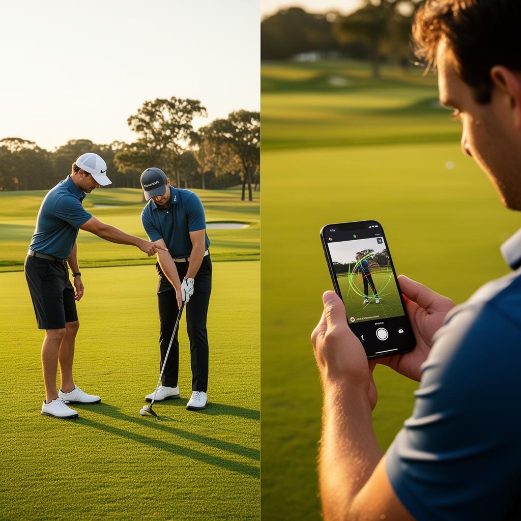 Student practicing on the range between in-person lessons and virtual coaching app follow-ups