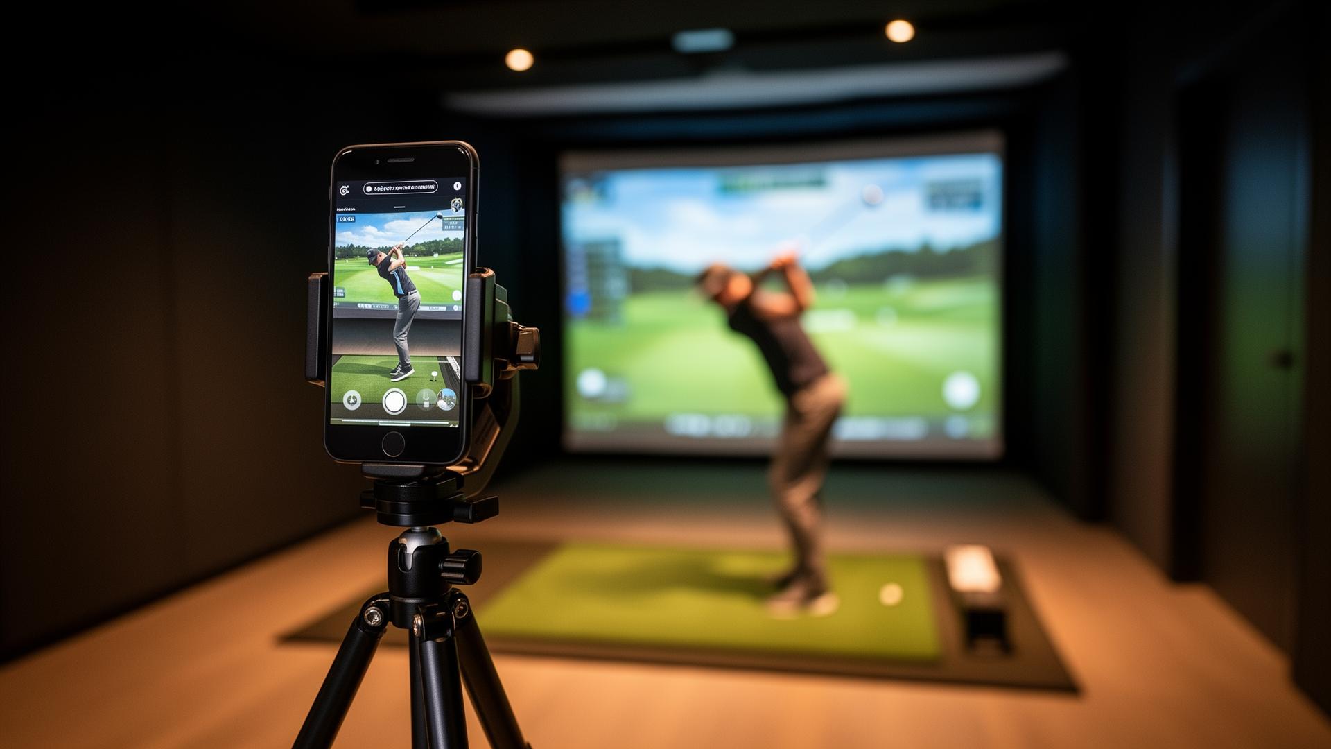 Golfer recording their swing on a phone for remote video analysis through the Virtual Academy