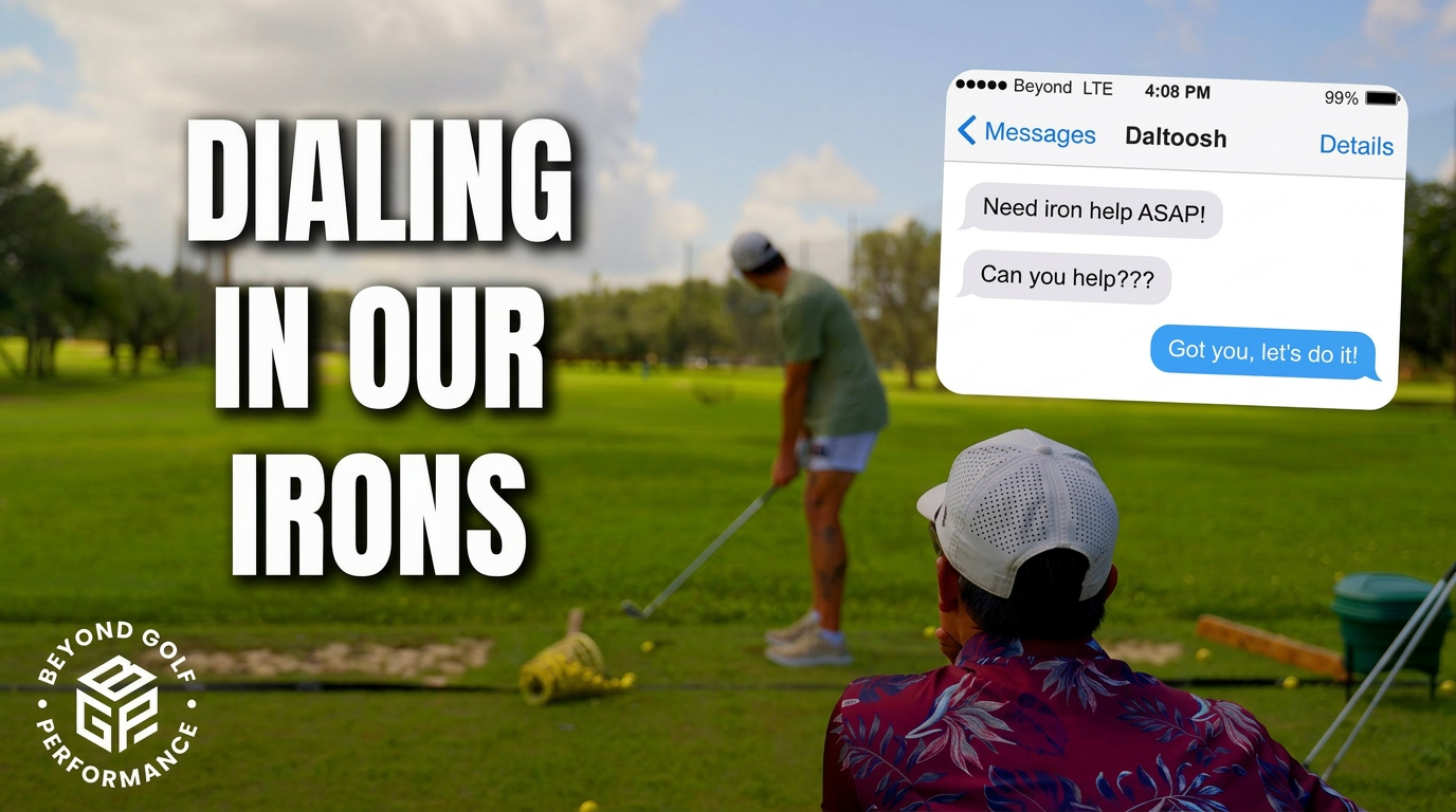 Golfer working on tee-shot start line with a coach on the driving range