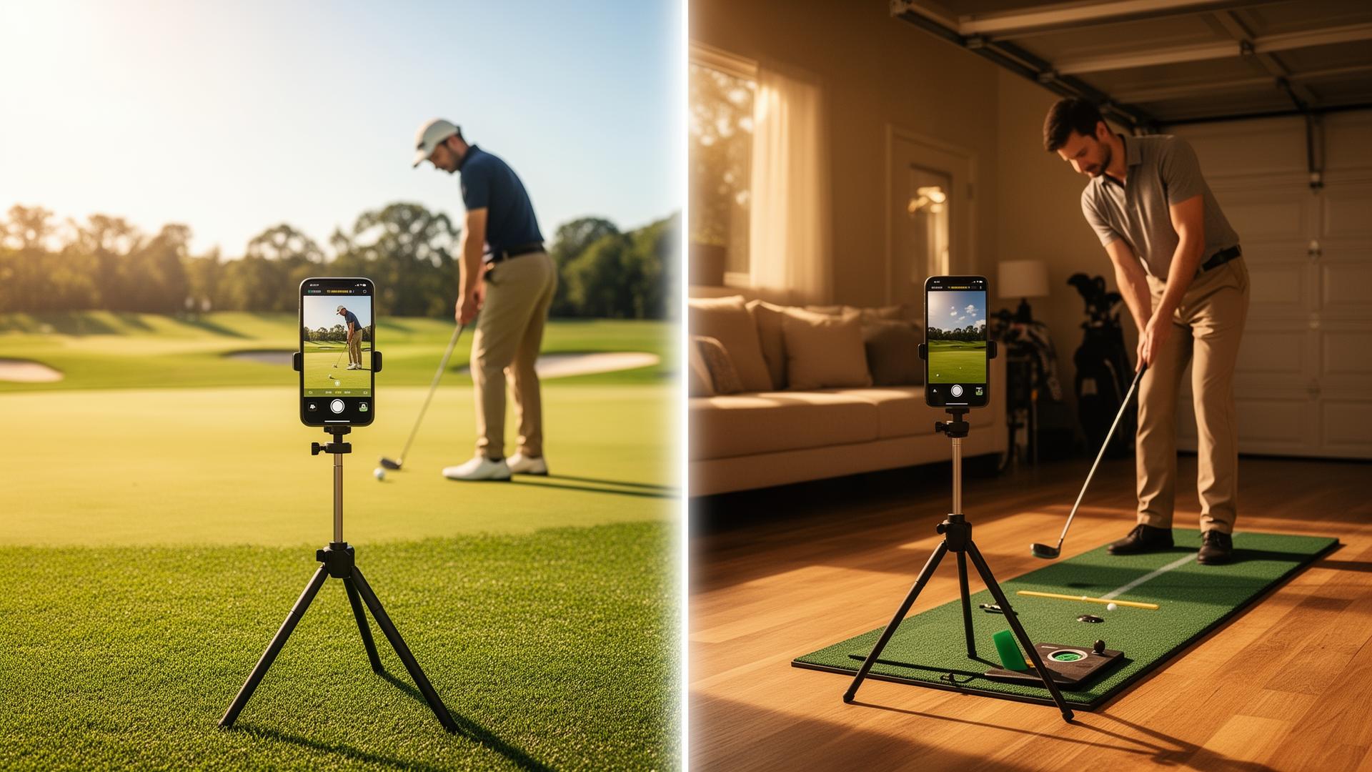 Golfer recording a swing on a smartphone for remote video analysis through the Beyond Golf Performance Online Academy
