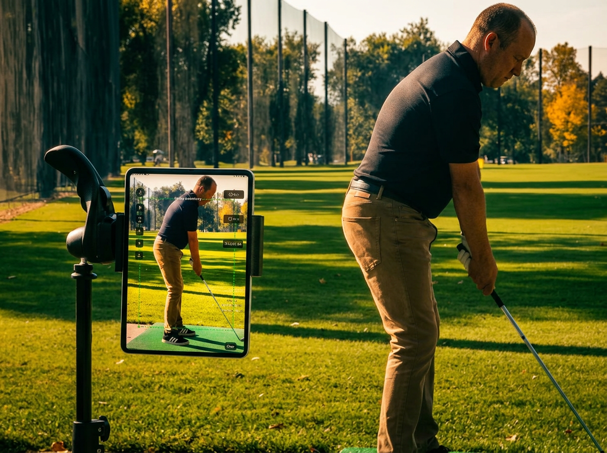 Golfer recording indoor practice drills at home with a phone camera